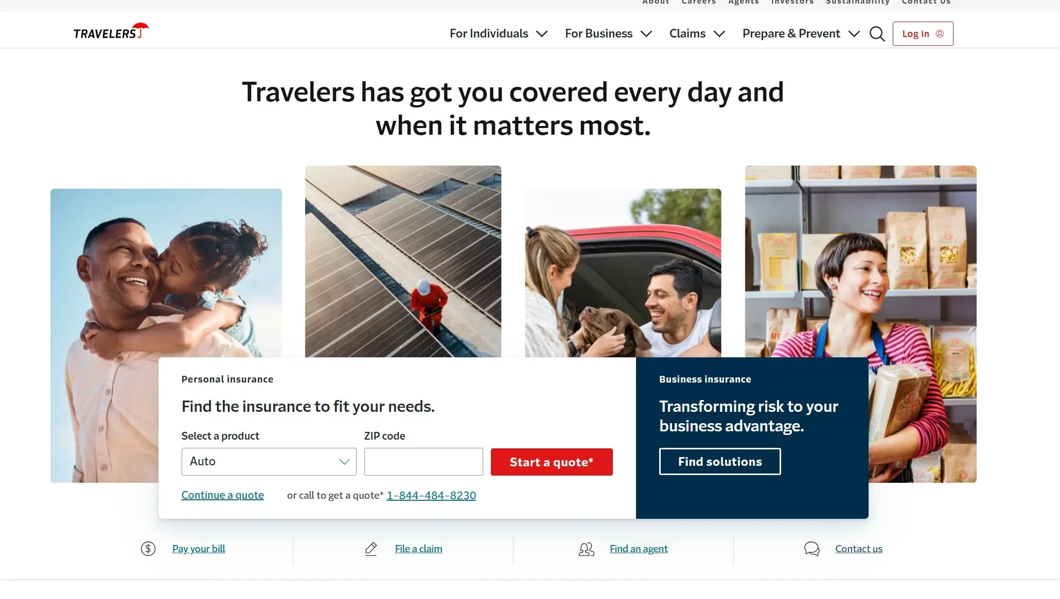 Screenshot of Travelers website